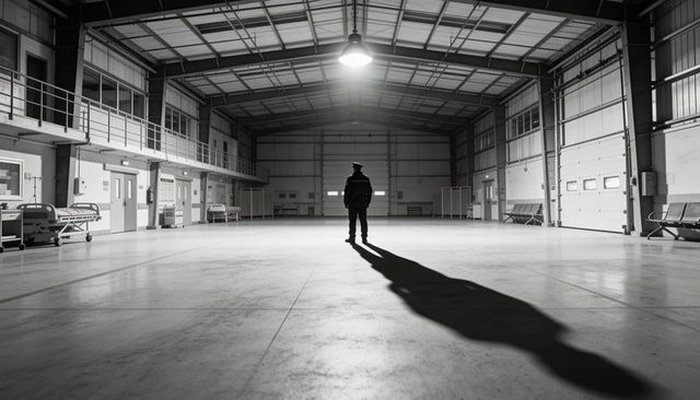 Lonely uniformed security guard standing in empty industrial hangar casting long shadow