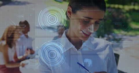 Professional woman collaborating in modern outdoor workspace