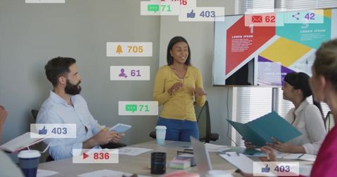 Professional Woman Presenting Social Media Metrics in Meeting