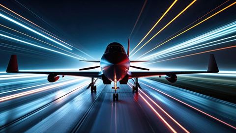 Futuristic fighter jet on reflective runway with neon streaks, streamline design