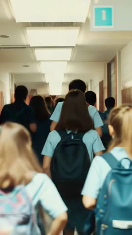 Students walking down crowded school corridor during passing period vertical video