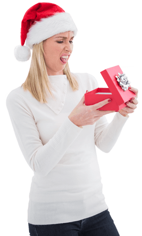 Blonde Woman Disappointed by Christmas Gift with Red Santa Hat Transparent