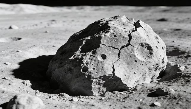 Cracked lunar boulder resting on regolith with pitted surface and stark shadowed moonscape
