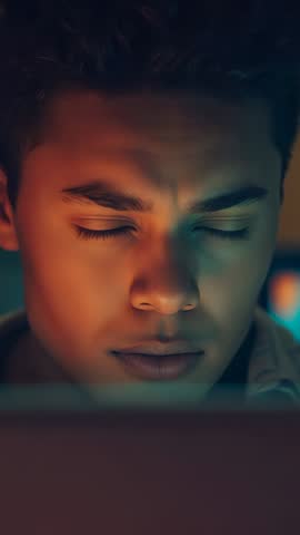 Vertical video showing man blinking, closing eyes and furrowing brow from screen eye strain