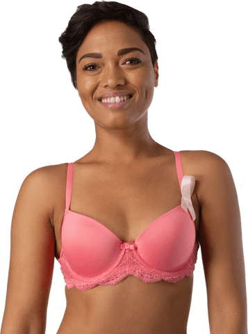 Smiling Woman in Pink Bra with Ribbon for Breast Cancer Awareness, Transparent Background