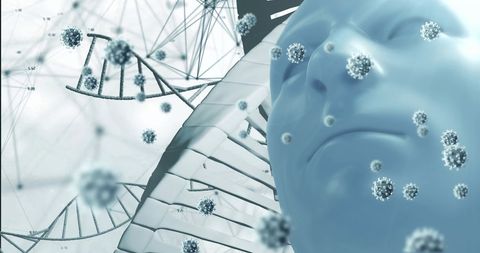 Futuristic digital human with virus particles and dna strands