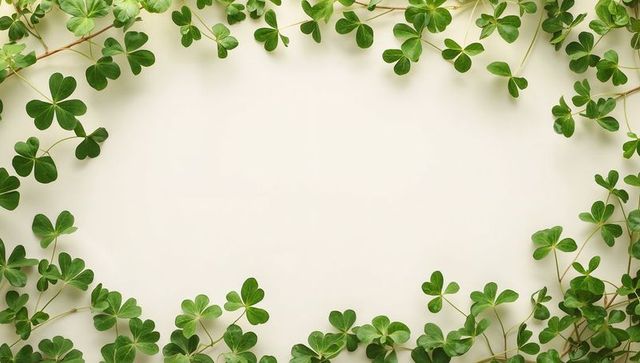 Framing green clover border on light beige backdrop with soft shadows and negative space