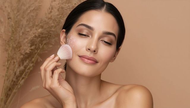 Elegant woman applying finishing powder with fan brush for dewy minimalist makeup and skincare