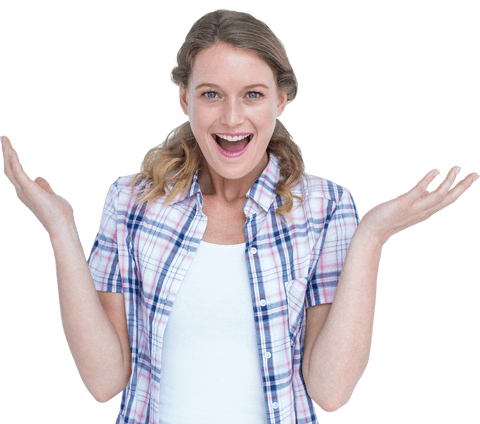 Happy Caucasian Woman with Excited Gesture on Transparent Background