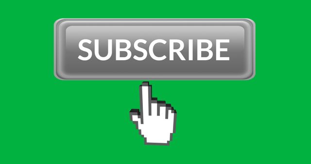 Gray subscribe button with a pointing finger cursor centered on a green background. This is ideal for use on subscription promotion pages, call-to-action buttons on websites, or marketing materials directing viewers to subscribe online. Perfect for enhancing user engagement in a clean, visually appealing way.