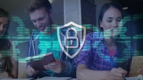 Students Studying at Table with Digital Security Overlay