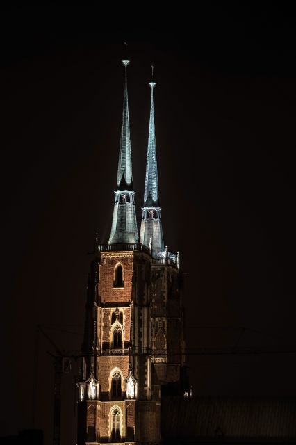 Illuminated Twin Spires of Gothic Cathedral at Night - Download Free Stock Images Pikwizard.com