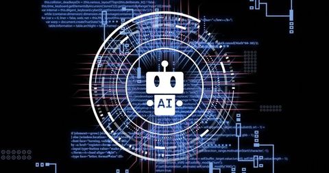 Ai robot head in neon hud rings with code overlay, cybernetic interface visualization