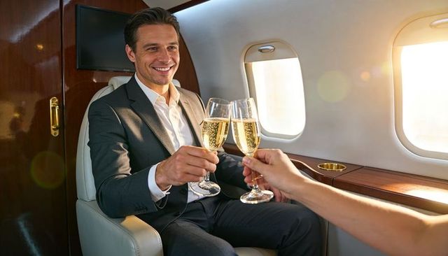 Executive toasting with champagne on private jet cabin celebrating luxury travel success