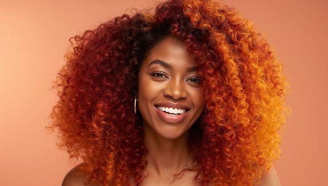 Confident Woman Posing with Stunning Ombre Curls and Hoop Earrings