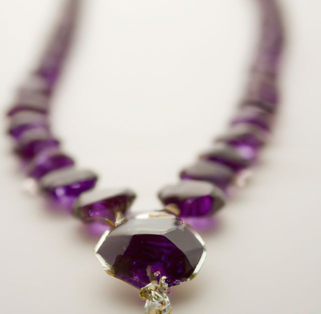 Stunning close-up of a purple amethyst bead necklace showcasing intricate detail and luxury design. Ideal for use in jewelry advertisements, fashion blogs, online stores for accessories, and content about gemstones and precious stones.