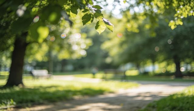 Sunlit green leaves overhanging winding park path with benches and golden bokeh