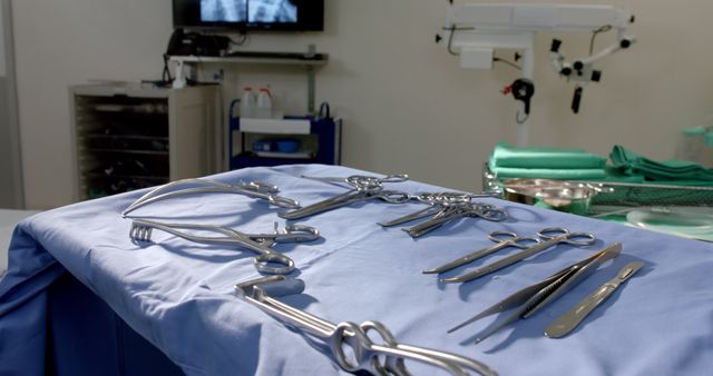 Surgical instruments arranged neatly on a blue drape in an operating room, indicating readiness for a medical procedure. Monitors and other medical equipment are visible in the background, showcasing a well-equipped healthcare setting. Ideal for illustrating medical preparedness, operating room setup, surgical procedures, or healthcare environments.