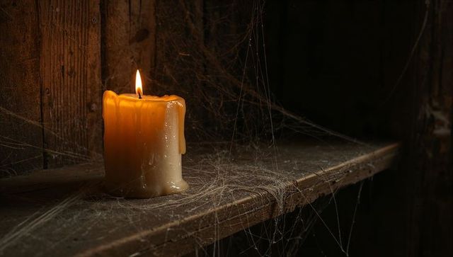 Rustic candle illuminating dusty attic corner with cobwebs