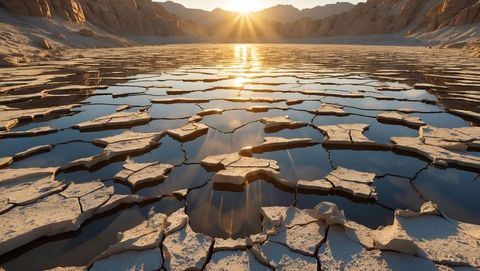 Sunset reflection in desert canyon with cracked clay lakebed amidst drought