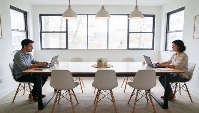Two colleagues working opposite at long wooden table in bright minimalist office