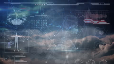 Futuristic Data Network Overlaid on Cloudscape