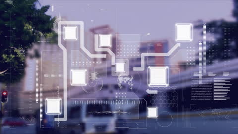 Futuristic Data Processing Interface Overlay on Cityscape