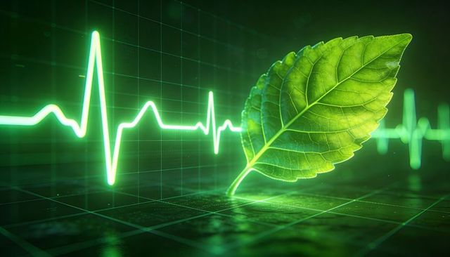 Neon ecg waveform merging with green leaf symbolizing sustainable health and biotech