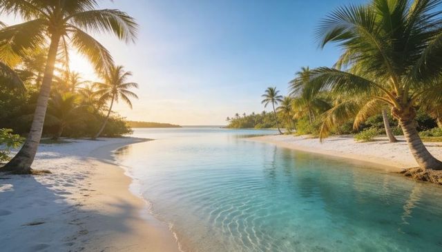 Sunrise lagoon revealing turquoise water and palm-fringed white sand beach