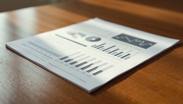 Printed business report showing bar charts, pie chart and line graph on wooden table