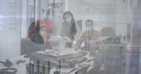 Data Overlay on Diverse Team in Masks Collaborating During Pandemic