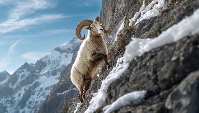 Bighorn sheep scaling snowy alpine cliff with spiraled horns and rugged peaks