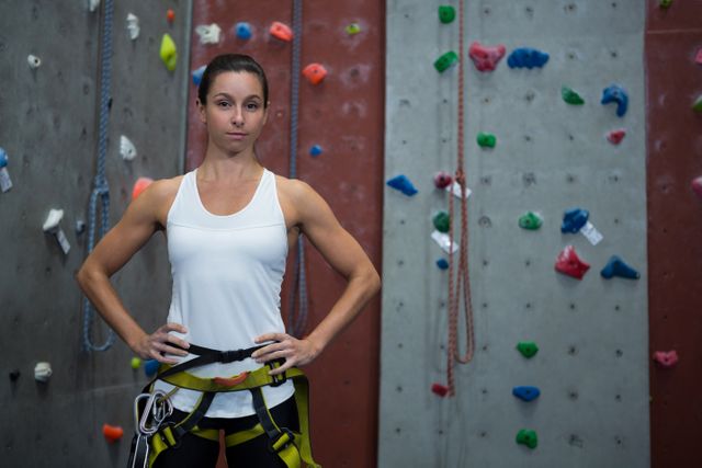 Woman standing with hands on hips in indoor climbing gym. Ideal for promoting fitness, strength, and determination. Useful for advertisements, fitness blogs, and sports-related content.