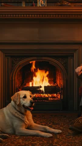 Gazing Golden Labrador Blinking and Shifting Head on Rug by Fireplace - Vertical Video