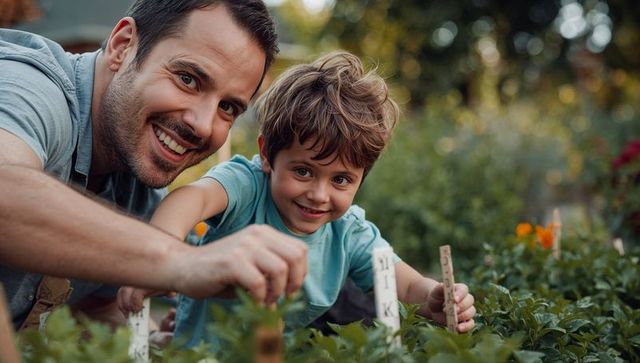 Father and son gardening together smiling while planting seedlings in backyard garden
