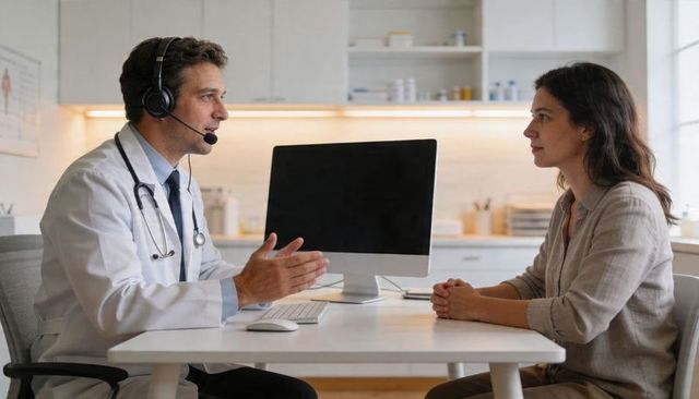 Physician conducting telemedicine consultation with patient at clinic desk
