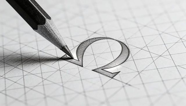 Sharpened Pencil Tracing Omega Symbol on Gridded Drafting Paper with Hatching