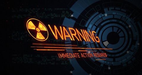 Futuristic nuclear hazard warning hud with orange trefoil and cyberpunk neon interface