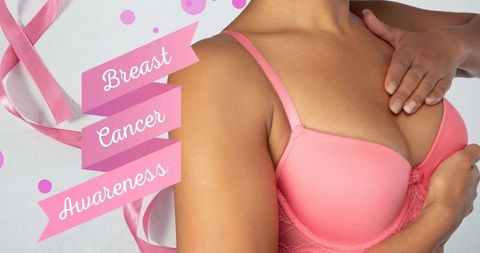 Breast Cancer Awareness Graphic with Ribbon and Woman in Pink Bra