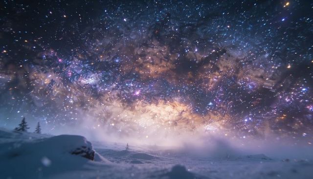 Glowing Milky Way Core Illuminating Snowy Alpine Plain with Nebulae and Starfield