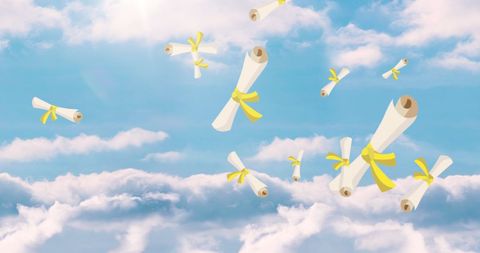 Diplomas floating in blue sky with clouds