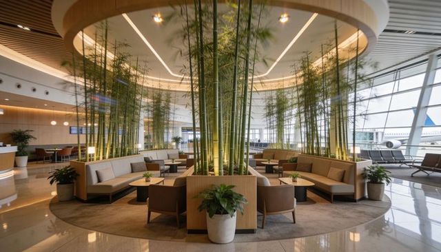 Modern airport lounge featuring circular bamboo planter, curved seating and canopy lighting