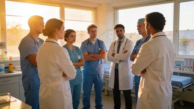 Sunlit multidisciplinary medical team huddling for patient care briefing in hospital ward
