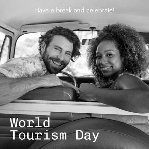 Diverse couple enjoying road trip for world tourism day