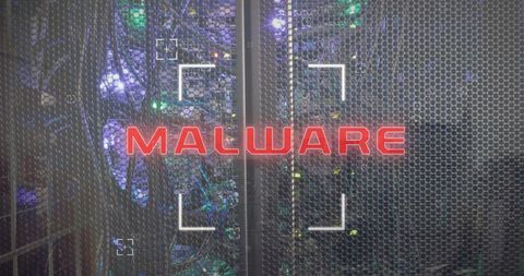 Malware Alert Text Overlay on Data Server Room