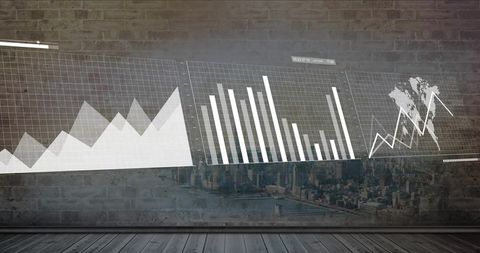 Projecting business analytics dashboards with area, bar and map-line charts on urban brick wall