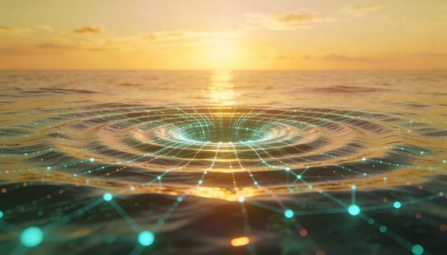 Holographic vortex glowing and spinning over ocean at sunset with teal network grid