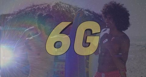 Youthful surfers embracing adventure by beach waves with 6g text