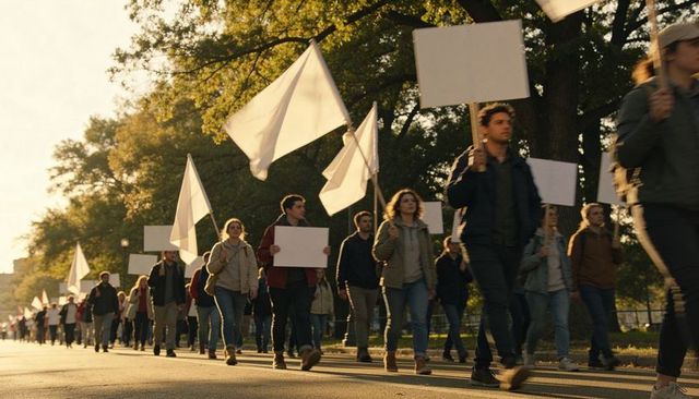 Marching crowd carrying blank white placards and flags on sunlit autumn street