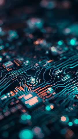 Shifting focus across PCB revealing microchip, traces and solder pads — vertical macro tech footage